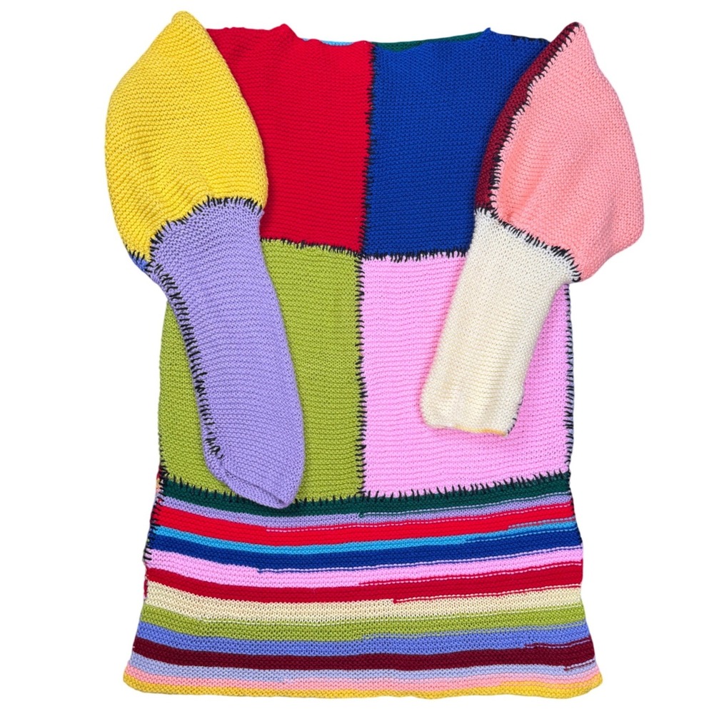 Vintage Hand Knit‎ Patchwork Sweater Colorblock Boho Hippie M L